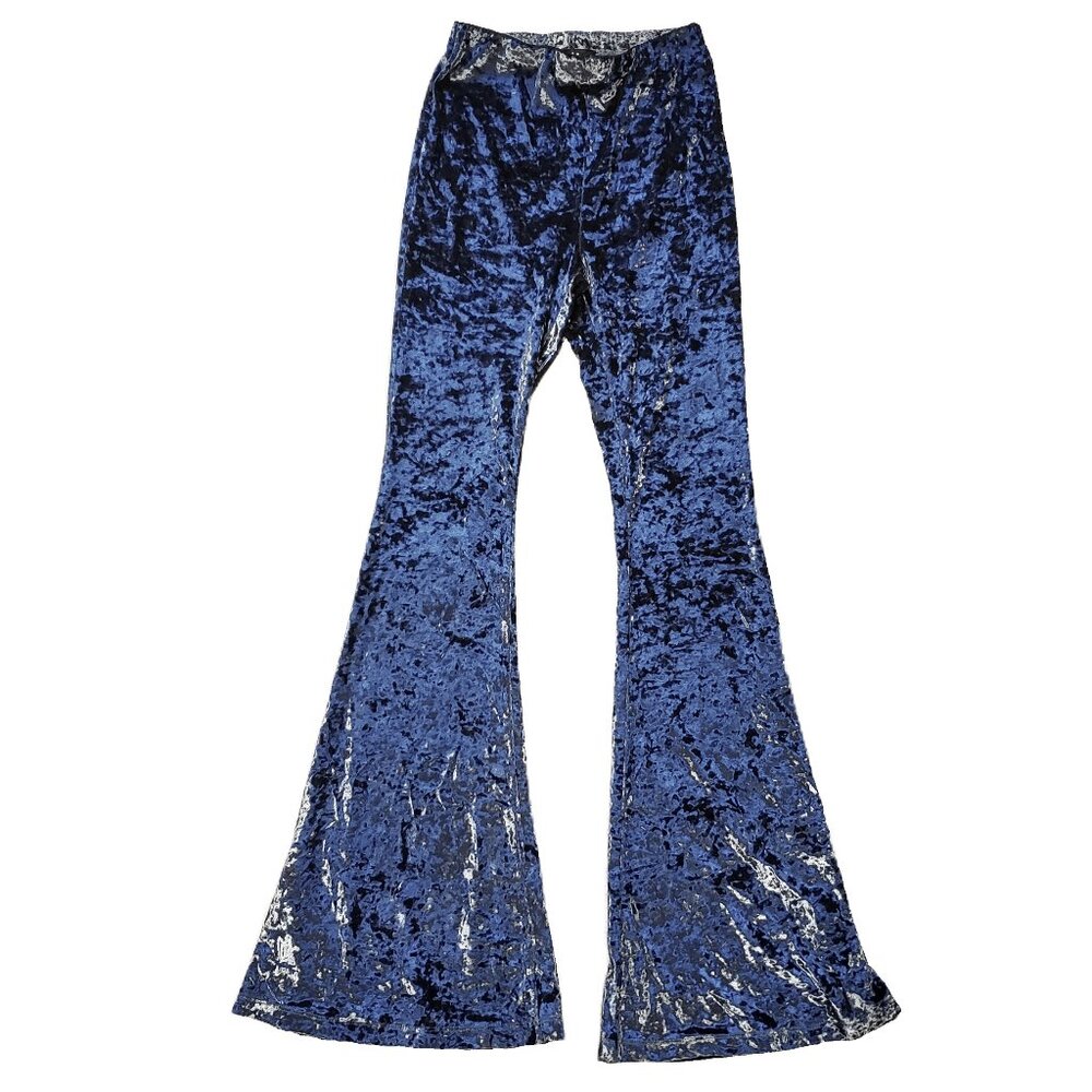 Lulus Blue Crushed Velvet Bell Bottom Flare Pants Womens Sz S 70s Hippie Stretch
